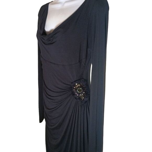 Bailey 44 black ruched wrap jersey knit long sleeve dress with jeweled accent M - Picture 2 of 10